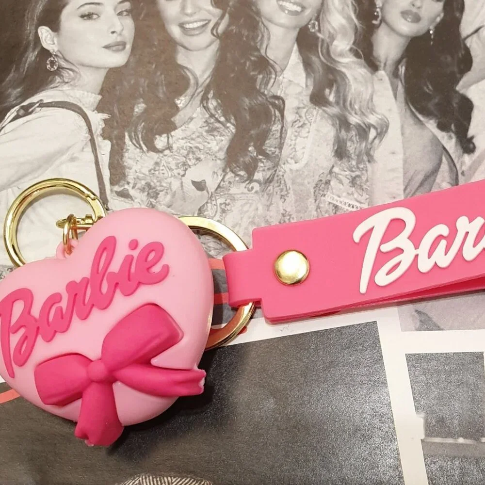 Women Pink Heart Barbie Key Chain Keyring Wrist-let Handbag Pendant Accessory